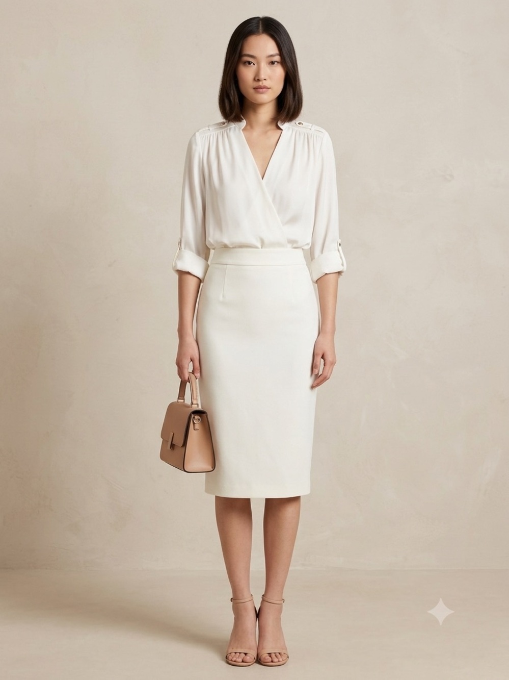 NWT White House Black Market Cream Silky Wrap Blouse With Silver Button Detail